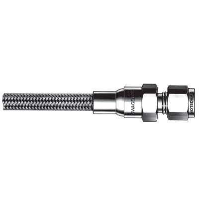 Mangueira em PTFE, revestida em aço inox, pressão nominal 3000 psig, extremidades: 1/4" conexão Swagelok (dupla anilha) para tubo, comprimento total 36"