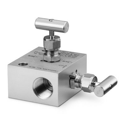 Manifold de 2 Válvulas para Instrumentação em Aço Inoxidável, Haste com Ponta Esférica, Extremidades: Rosca NPT Femea de 1/2