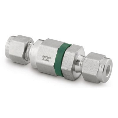 Válvula de Excesso de Vazão para Baixo Fluxo Tipo Poppet Série XS4 em Aço Inoxidável 316 Conforme Norma ASTM A479. Pressão de Trabalho de 6000 psig (413 bar), Temperatura de Trabalho -23 a 204 ºC com Vedações em Fluorcarbono FKM. Coeficiente de Vazão