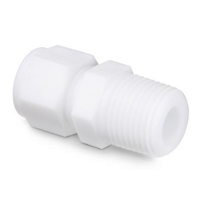Conexão Macho em PTFE, Extremidades: Conexão Swagelok (Dupla Anilha) para Tubo de 1/4" OD (DE) X Rosca NPT Macho de 1/8" (vide MS-01-140)
