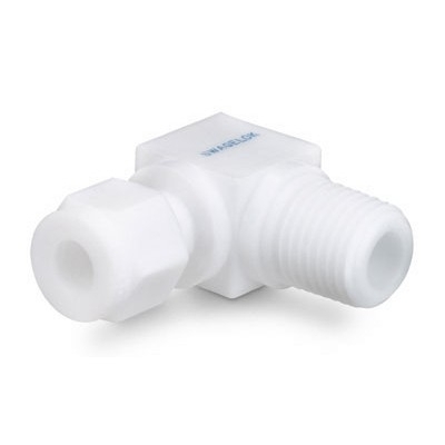 Cotovelo Macho em PTFE, Extremidades: Conexão Swagelok (Dupla Anilha) para Tubo de 1/4" OD (DE) X Rosca NPT Macho de 1/4" (vide MS-01-140)