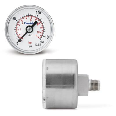 Manômetro Caixa em Aço inoxidável 304 com diâmetro de 1 1/2" (40 mm). Extremidade: Conexão ao Processo Tipo Central Traseiro 1/8" NPT Macho. Escala Primaria em Psi de 0 a 30 e Secundaria em Bar.